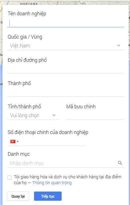 bảng thông tin đăng kí google maps