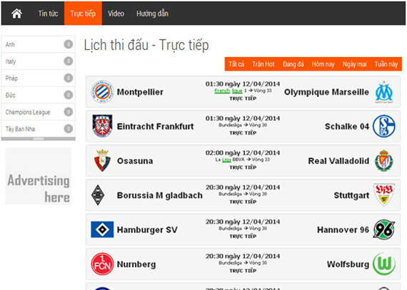 thiết kế module xem bóng đá trực tuyến online của website