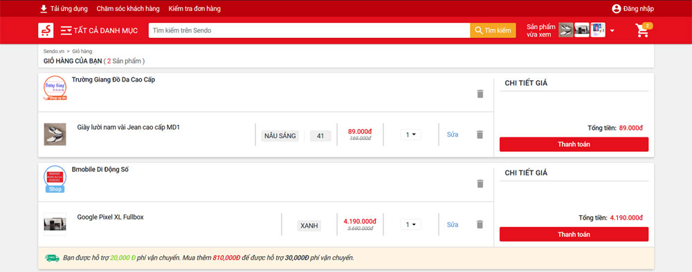 Giỏ hàng điện tử website thương mại điện tử Sendo.vn