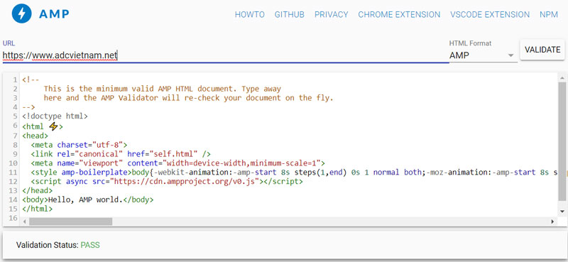 Công cụ Web Interface https://validator.ampproject.org