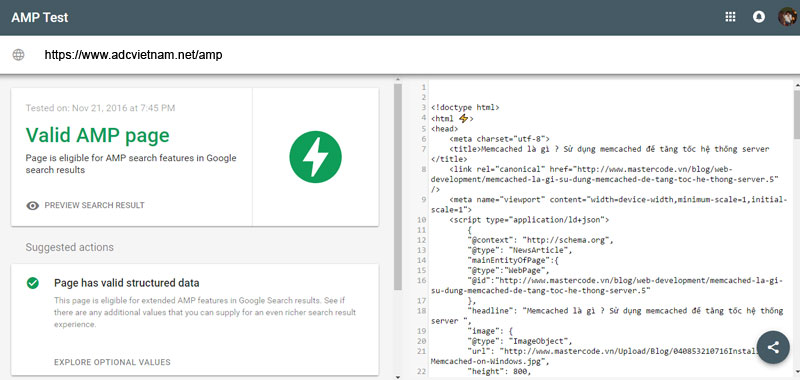 Công cụ kiểm tra AMP của chính Google