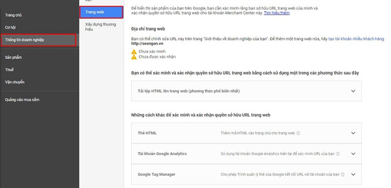 Bước 2: Xác minh Merchant Center với chủ sở hữu website Bước 2: Xác minh Merchant Center với chủ sở hữu website