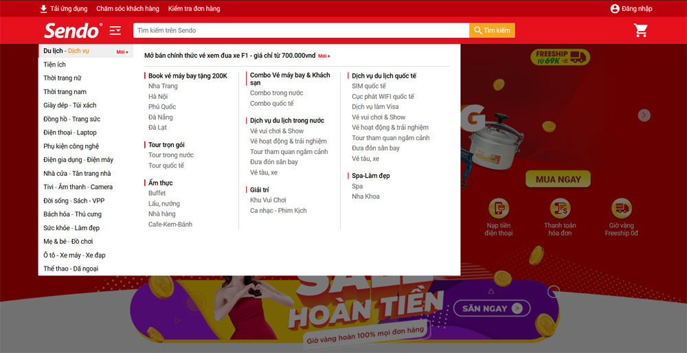 Danh mục sản phẩm của trang thương mại điện tử Sendo.vn