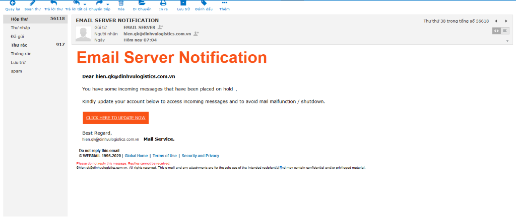 Khách hàng sẽ nhận được Email với dạng mang nội dung tài khoản Email gặp vấn đề
