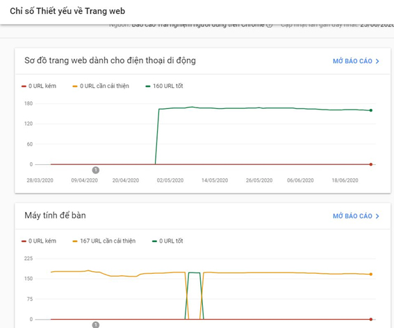Báo cáo Chỉ số Thiết yếu về Trang web trên Google Search Console.