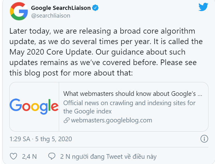 thông báo core update tháng 5/2020