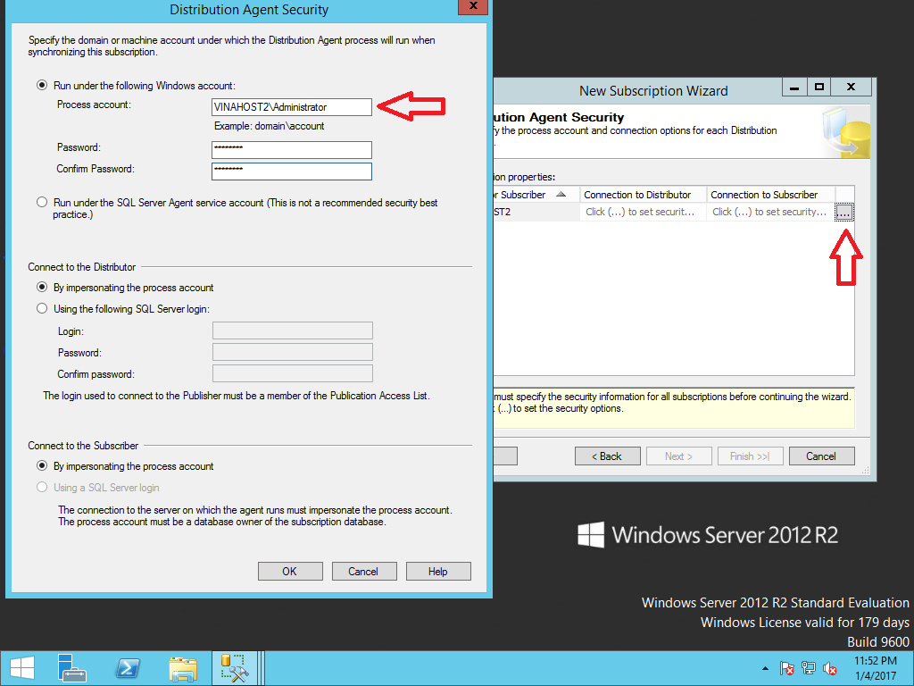 nhập tài khoản sẽ dùng để chạy distribution agent