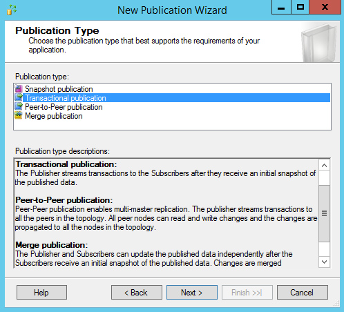 Ở bước Publication Type, ta chọn Transactional publication