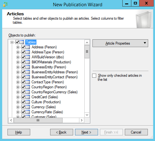 Ở bước Articles, ta chọn các bảng sẽ thực hiện nhân bản