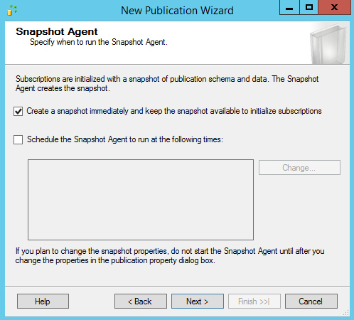 Ở bước Snapshot Agent, ta nhấp chọn Create a snapshot immediately and keep the snapshot available to initialize supscriptions
