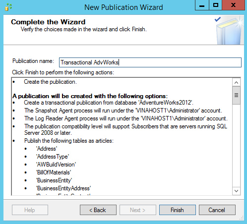 Đặt tên cho publication và bấm Finish
