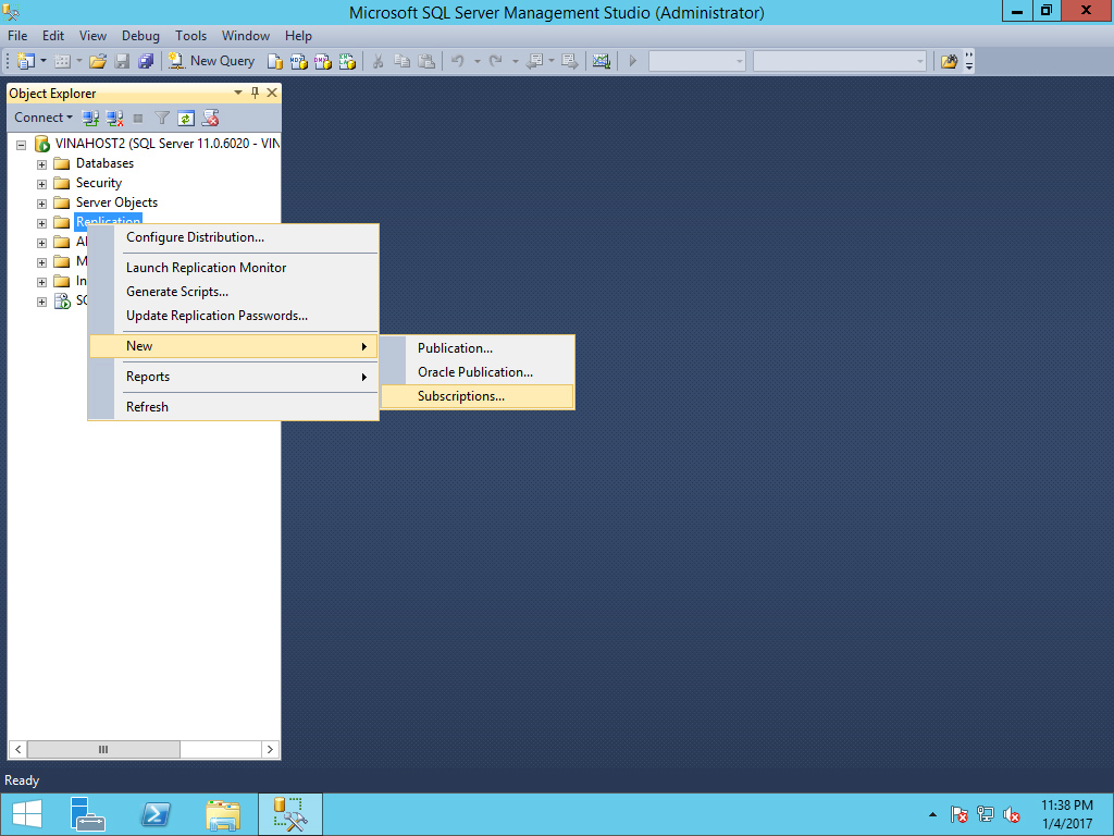 Nhấp chuột phải vào Replication, chọn New -> Supscription