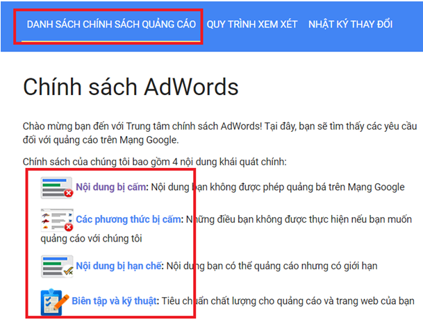 Chính sách của google adwords