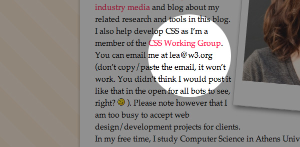 Lea Verou hiển thị địa chỉ email của mình trong văn bản đơn giản