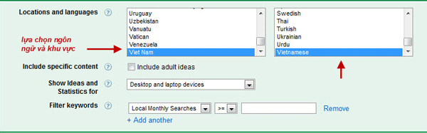 lựa chọn ngôn ngữ và khu vực trong google adwords