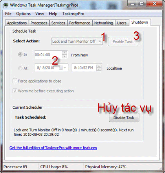 Giao diện TaskmgrPro Shutdown Scheduler khi đang đợi thực hiện tác vụ