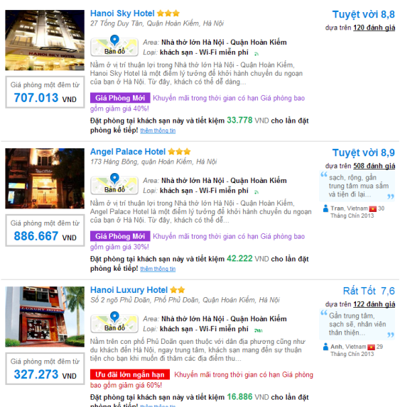 tính năng hiển thị các khách sạn, phòng nghỉ, đánh giá khách sạn