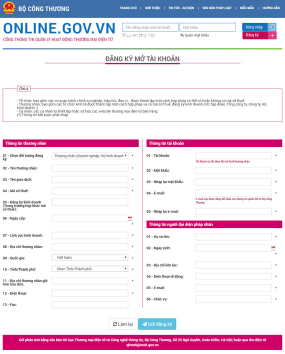 điền thông tin đăng ký với bộ công thương