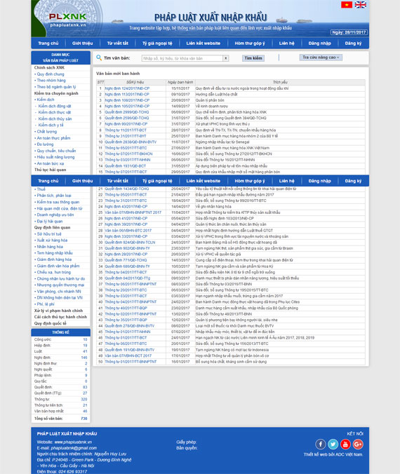 Giao diện website pháp luật xuất nhập khẩu