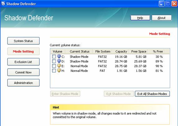 Nhấp nút Enter Shadow mode để xác lập việc đóng băng bảo vệ